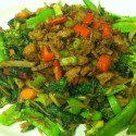 Image for Recipe: Seitan with Caramelized Shallots over Spring Vegetables